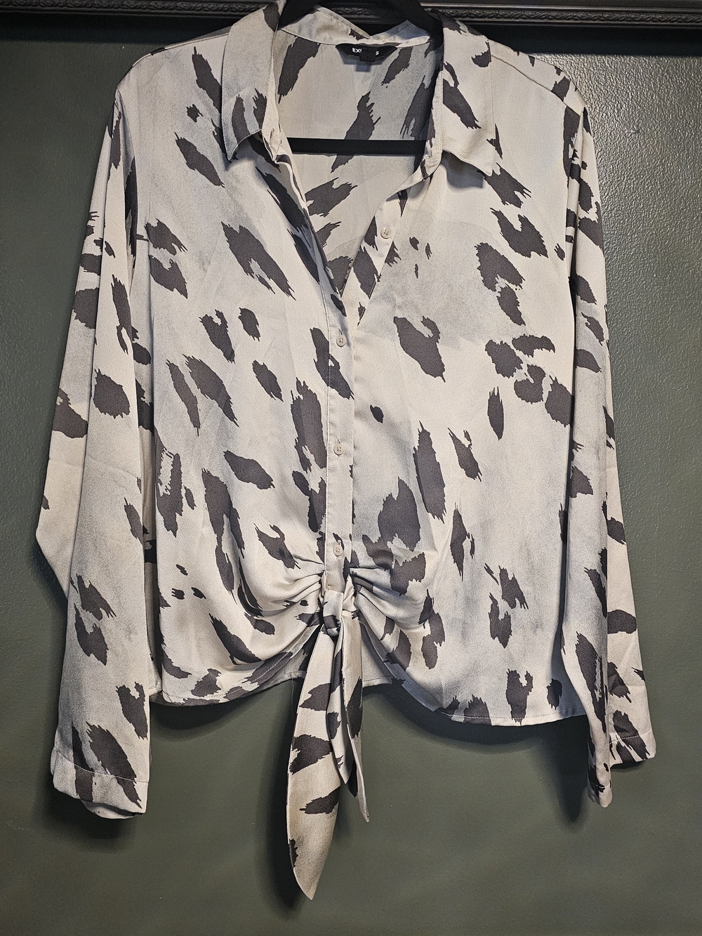 Express Tie-Front Button Down Shirt - Cream & Gray Animal Print